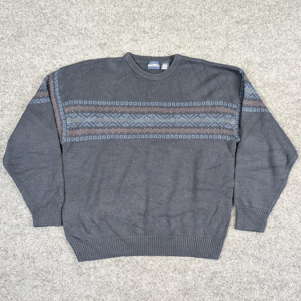 Puritan Mens XL Charcoal Gray Fair Isle Geometric Knit Crewneck Sweater Vintage‎
